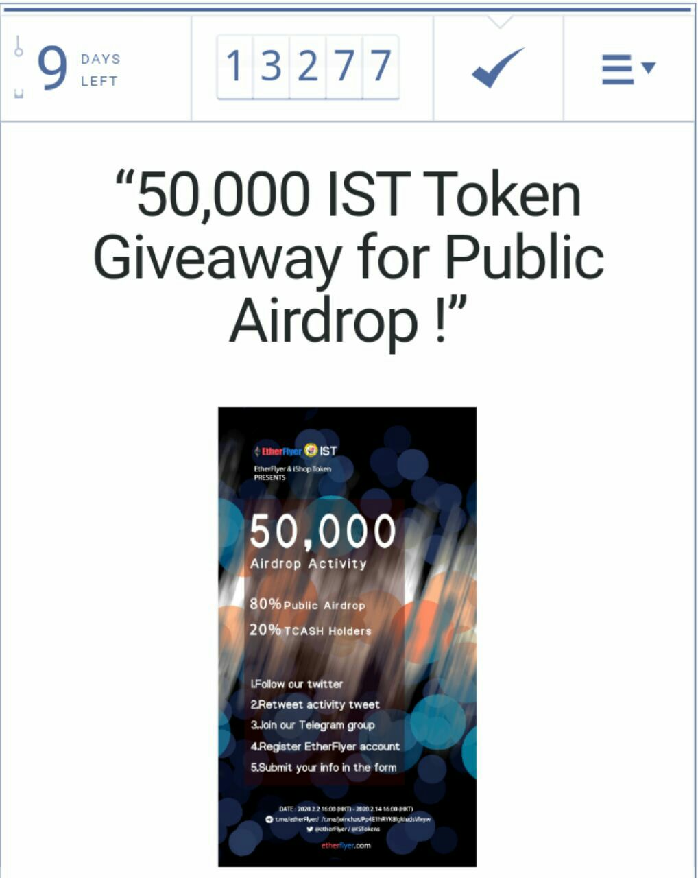 Airdrop Terbaru : IST Token x Etherflyer Exchange Reward Poll 50k IST Free No KYC